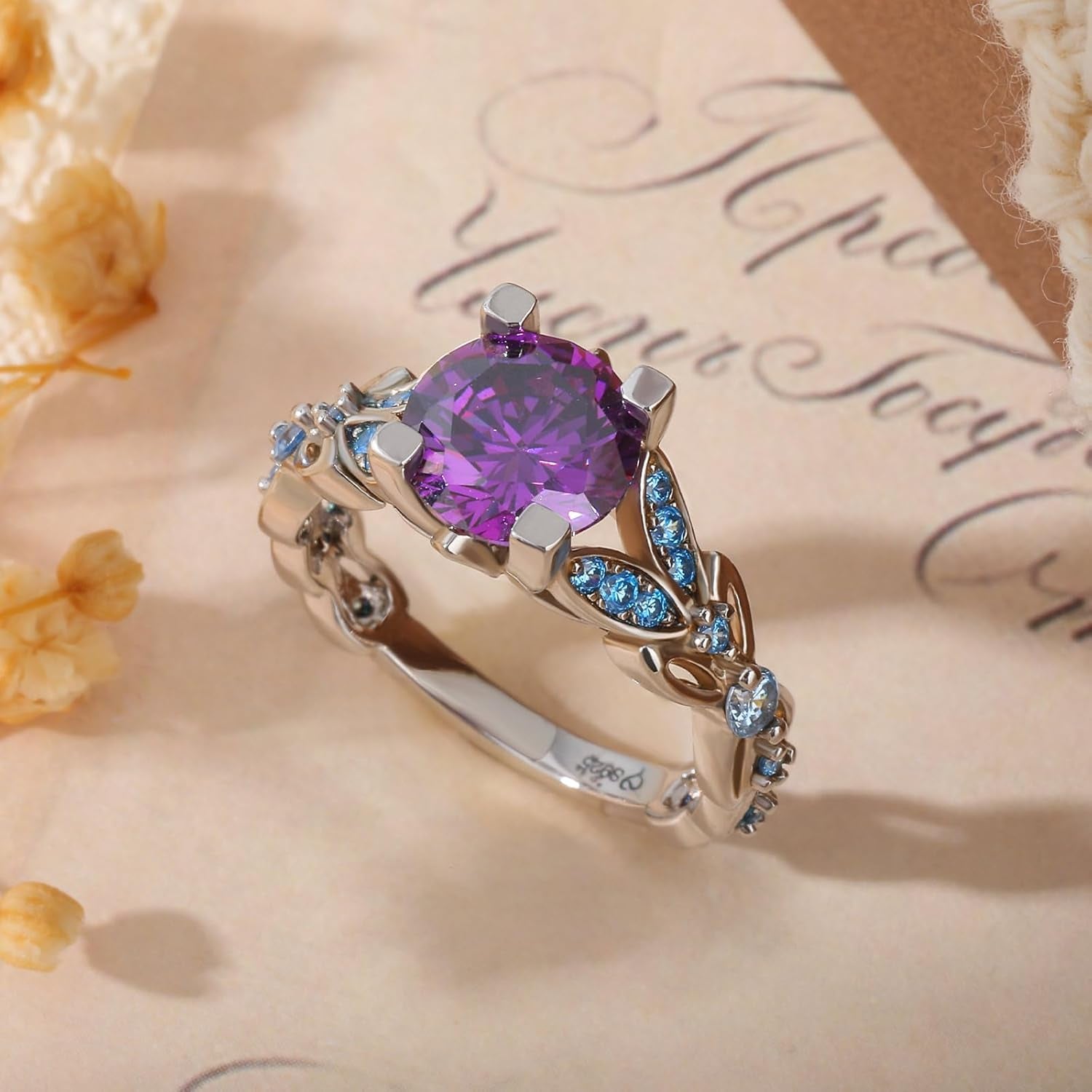 4.3 Carat Personalized Sterling Silver Butterfly Rings for Women Purple Amethyst Bridal round Cut Wedding Engagement Eternity Valentine'S Promise Ring Set