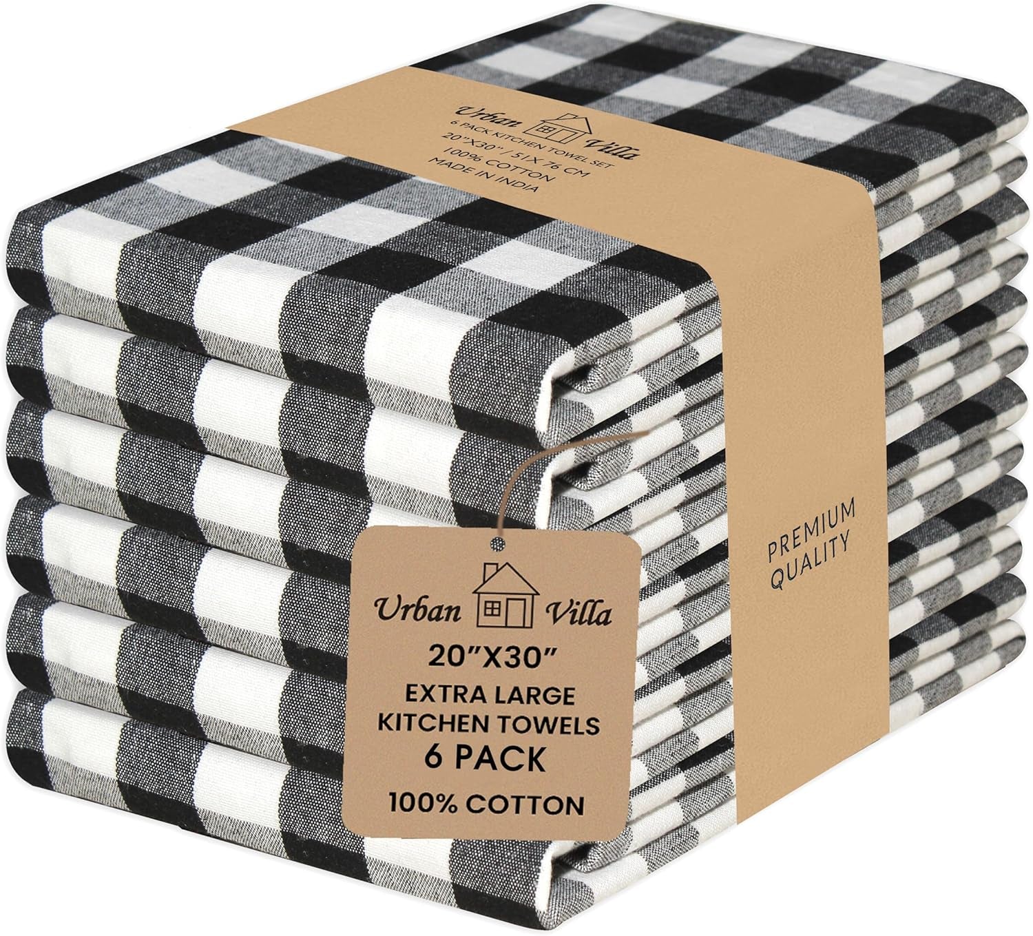 Kitchen Towels Set of 6 Buffalo Checks Black/White Kitchen Towels 20X30 Inches 100% Cotton Highly Absorbent Kitchen Towels Premium Quality Ultra Soft Mitered Corners Kitchentowels