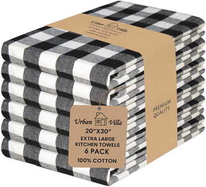 Kitchen Towels Set of 6 Buffalo Checks Black/White Kitchen Towels 20X30 Inches 100% Cotton Highly Absorbent Kitchen Towels Premium Quality Ultra Soft Mitered Corners Kitchentowels